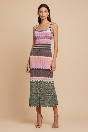 Women's Knitted Midi Dress with Contrast Pattern and Shoulder Straps
