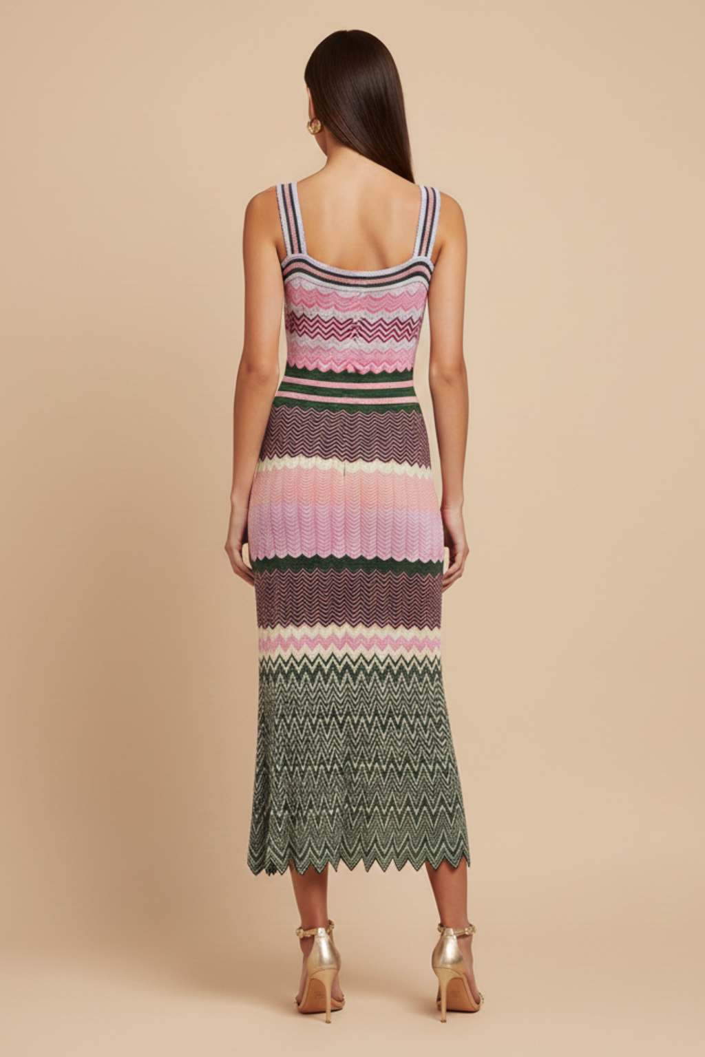 Women's Knitted Midi Dress with Contrast Pattern and Shoulder Straps