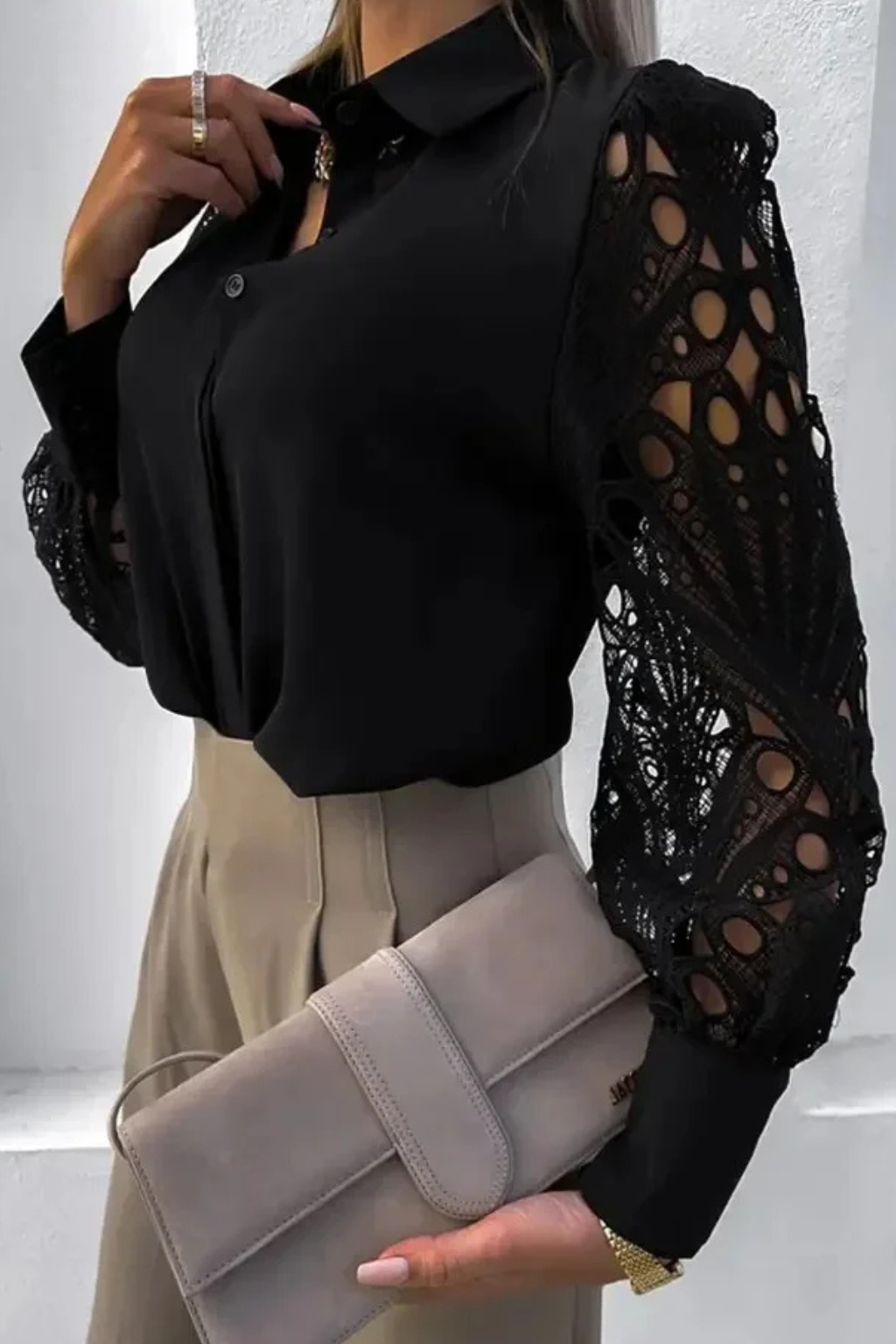 Isabella | Elegant Lace Sleeve Button Blouse