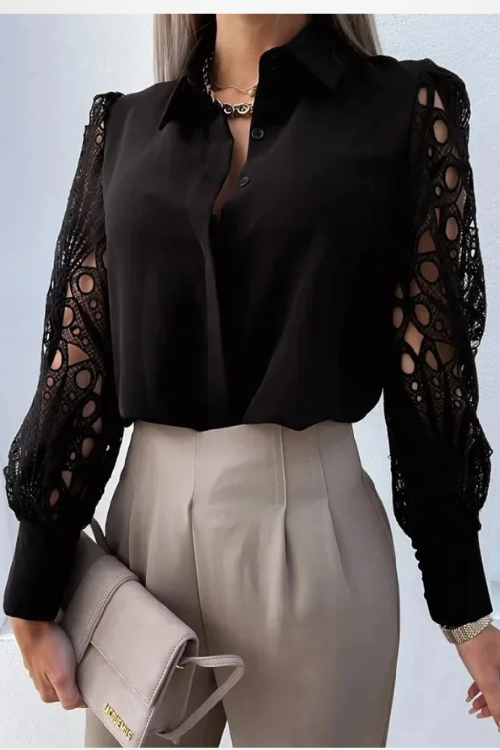 Isabella | Elegant Lace Sleeve Button Blouse