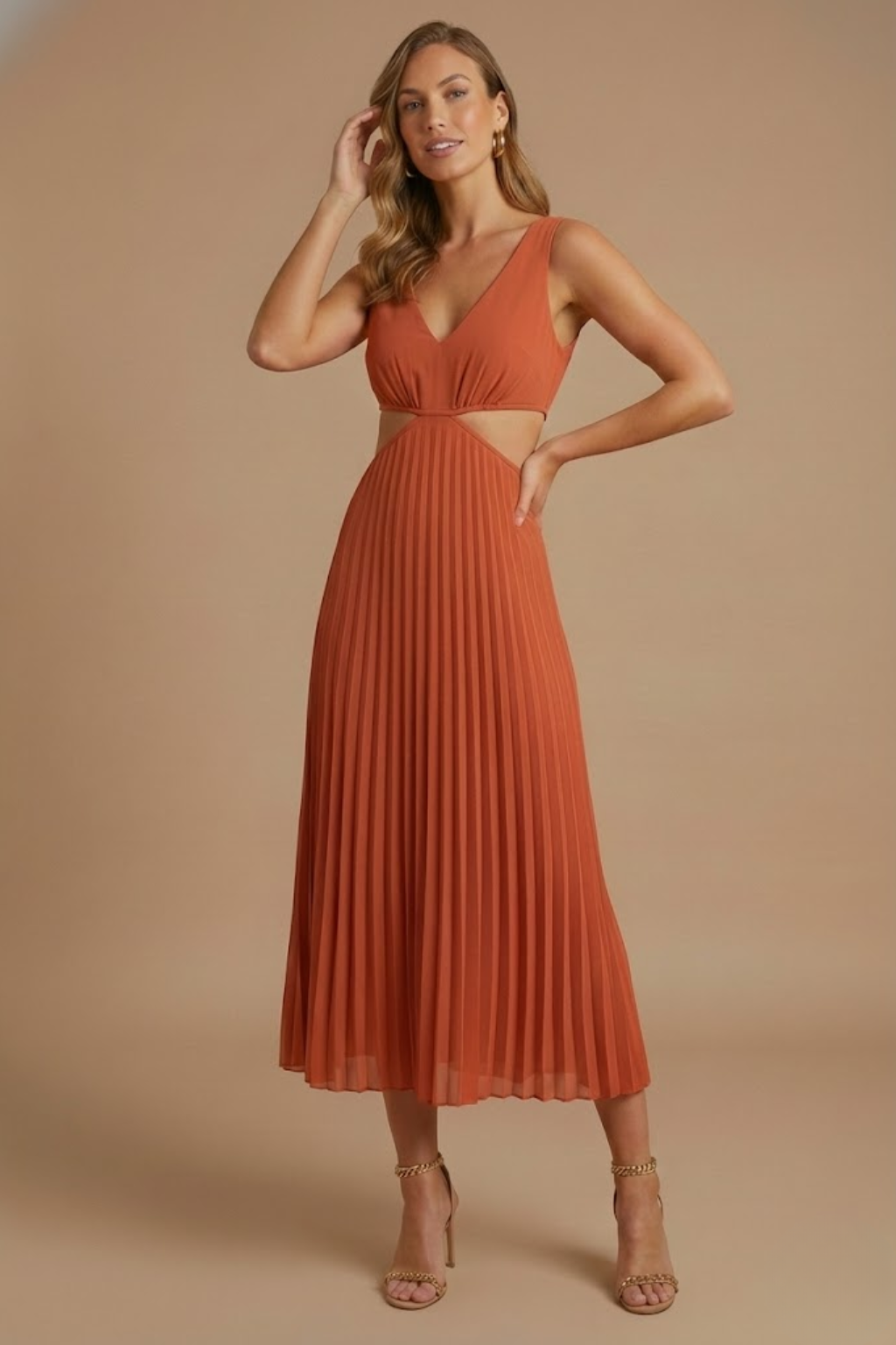 Women’s Elegant Midi Dress - Pleated Design with V Neckline and Defined Waist