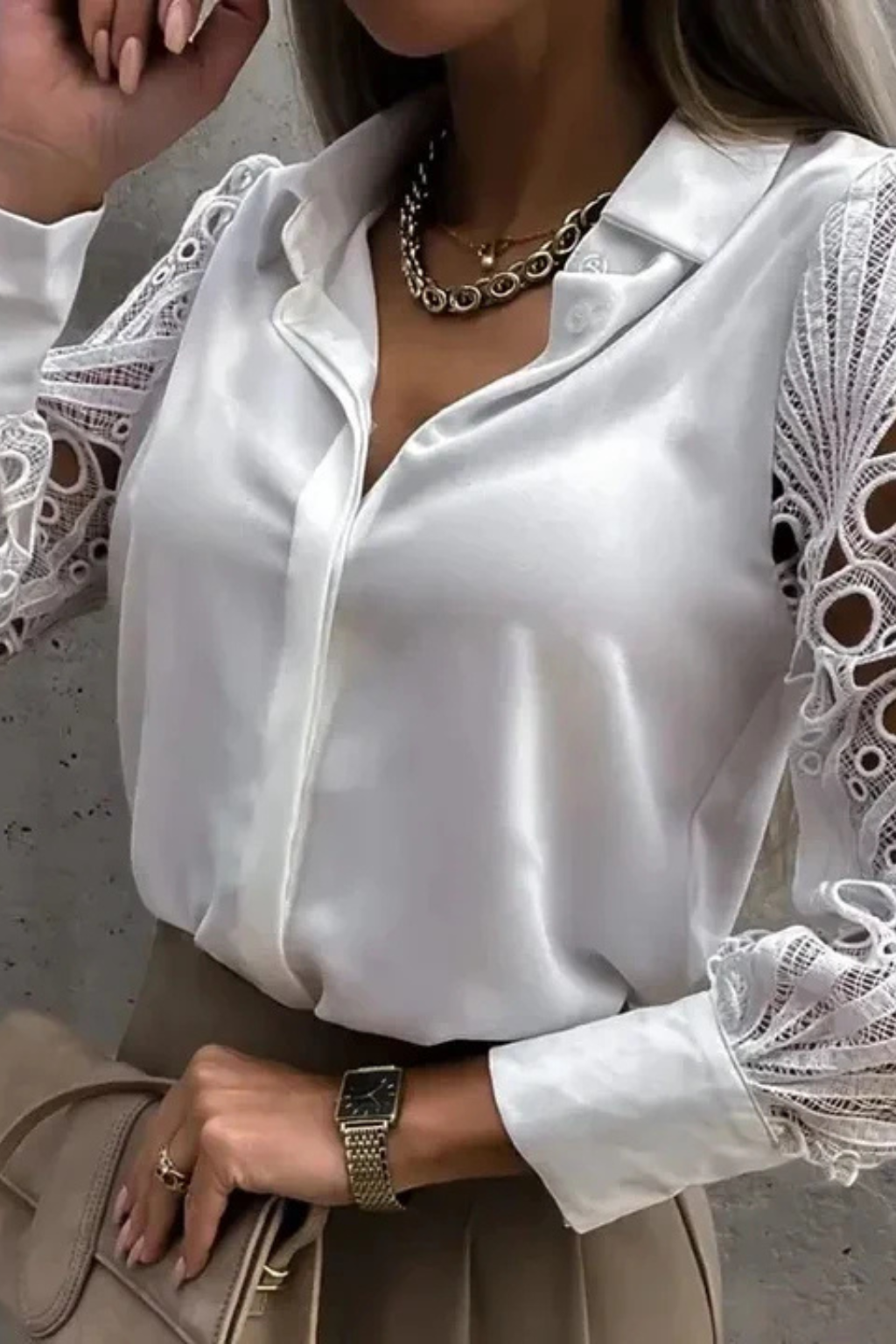 Isabella | Elegant Lace Sleeve Button Blouse