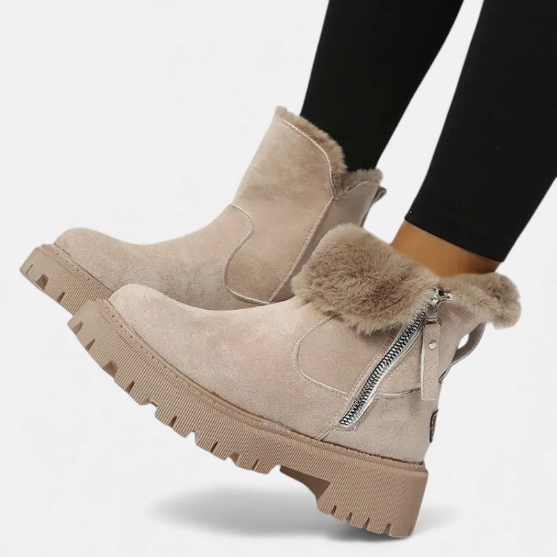 Women's Ankle Boots - Round Toe Side Zip Faux Fur Trim Lug Sole