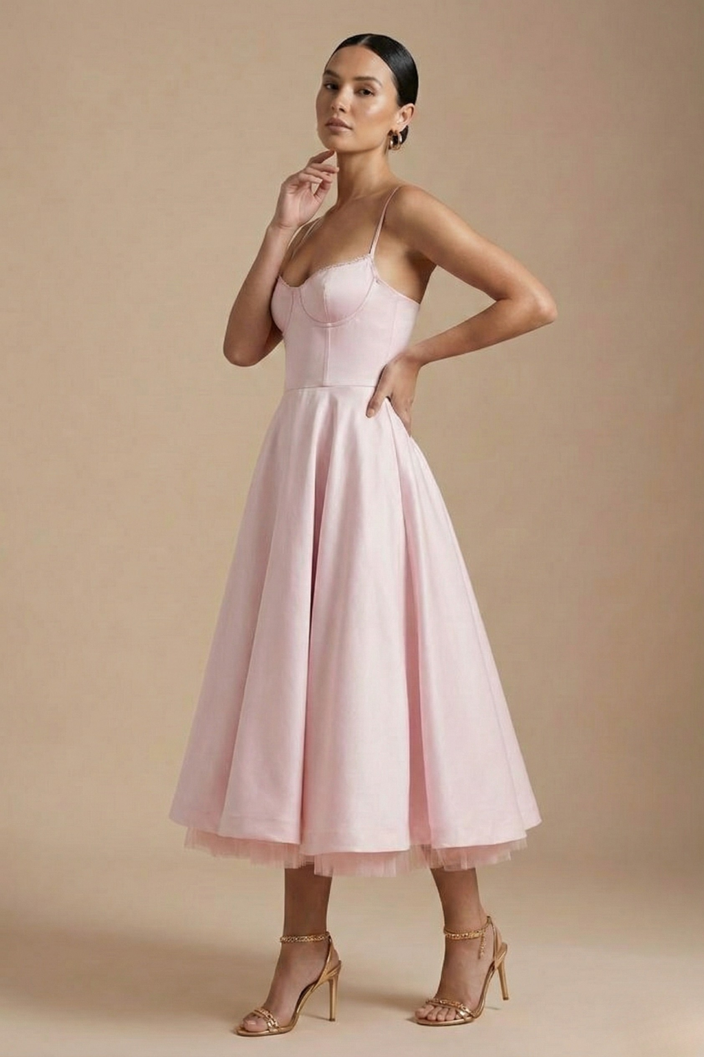 Women’s Elegant Midi Dress - Corset Style with Sleeveless Design and Flared Skirt