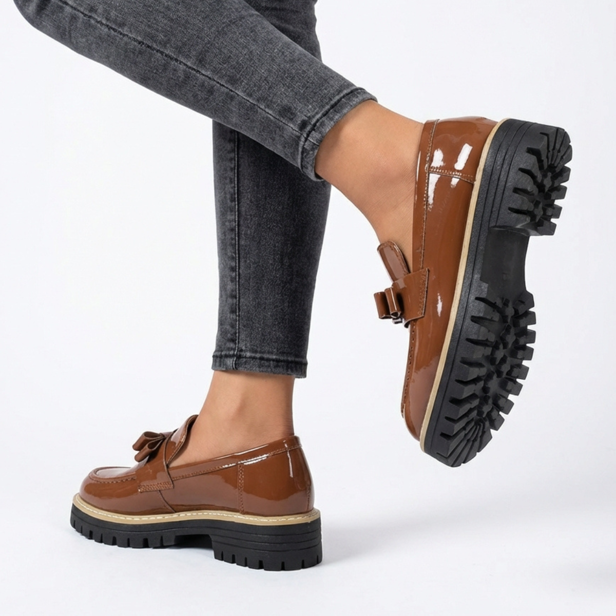 Tavelle | Classic Bow Detail Patent Platform Loafers
