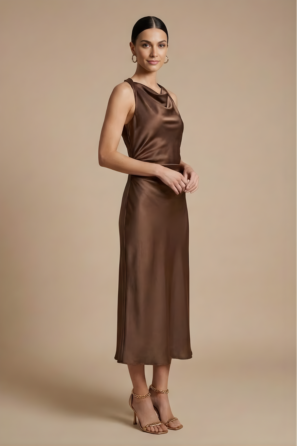 Women's Elegant Midi Dress - Sleeveless Design with Draped Neckline