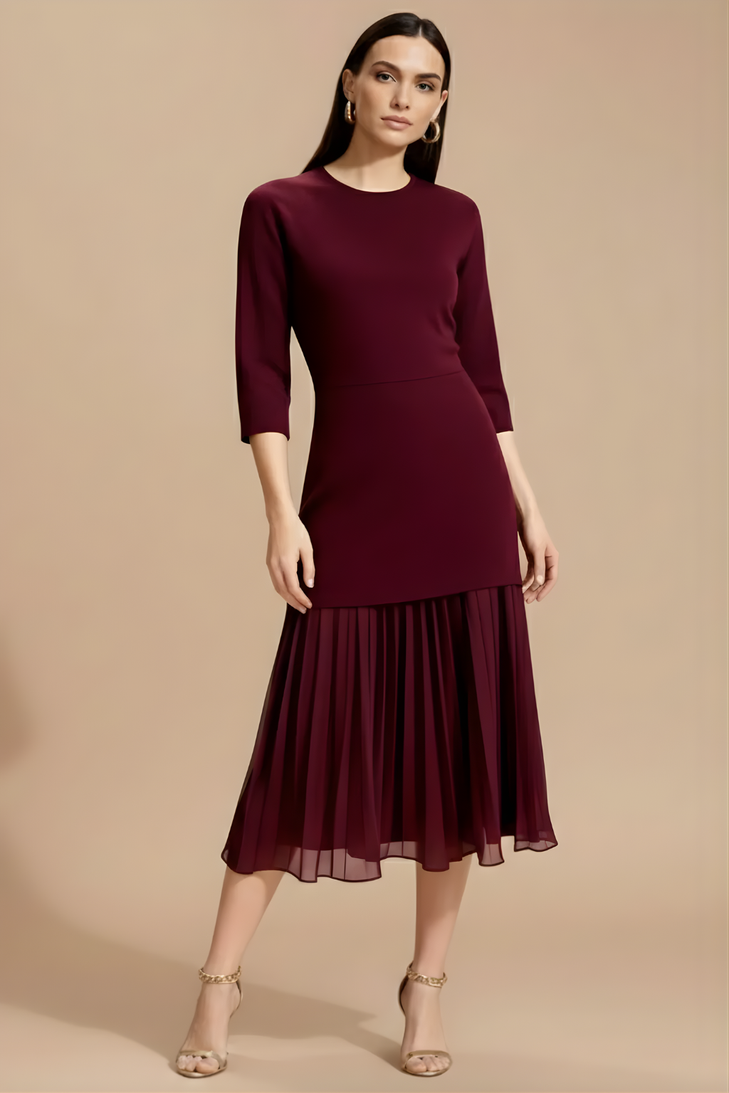 Women’s Pleated Midi Dress - 3/4 Sleeve Design with Refined Knit Silhouette