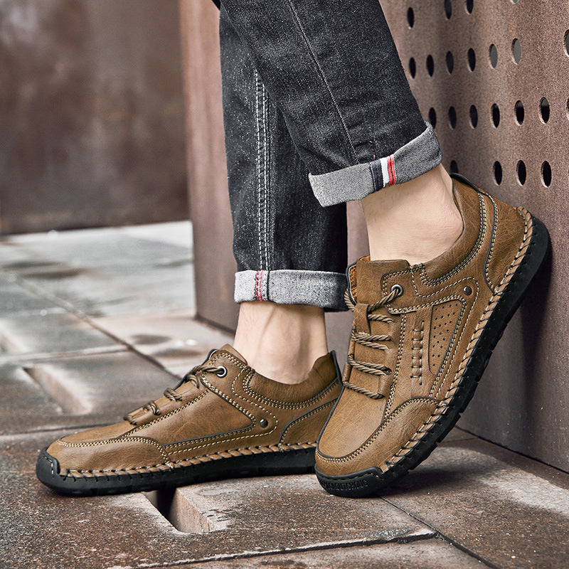 Men's Leather Lace-Up Shoes - Round Toe Rubber Sole