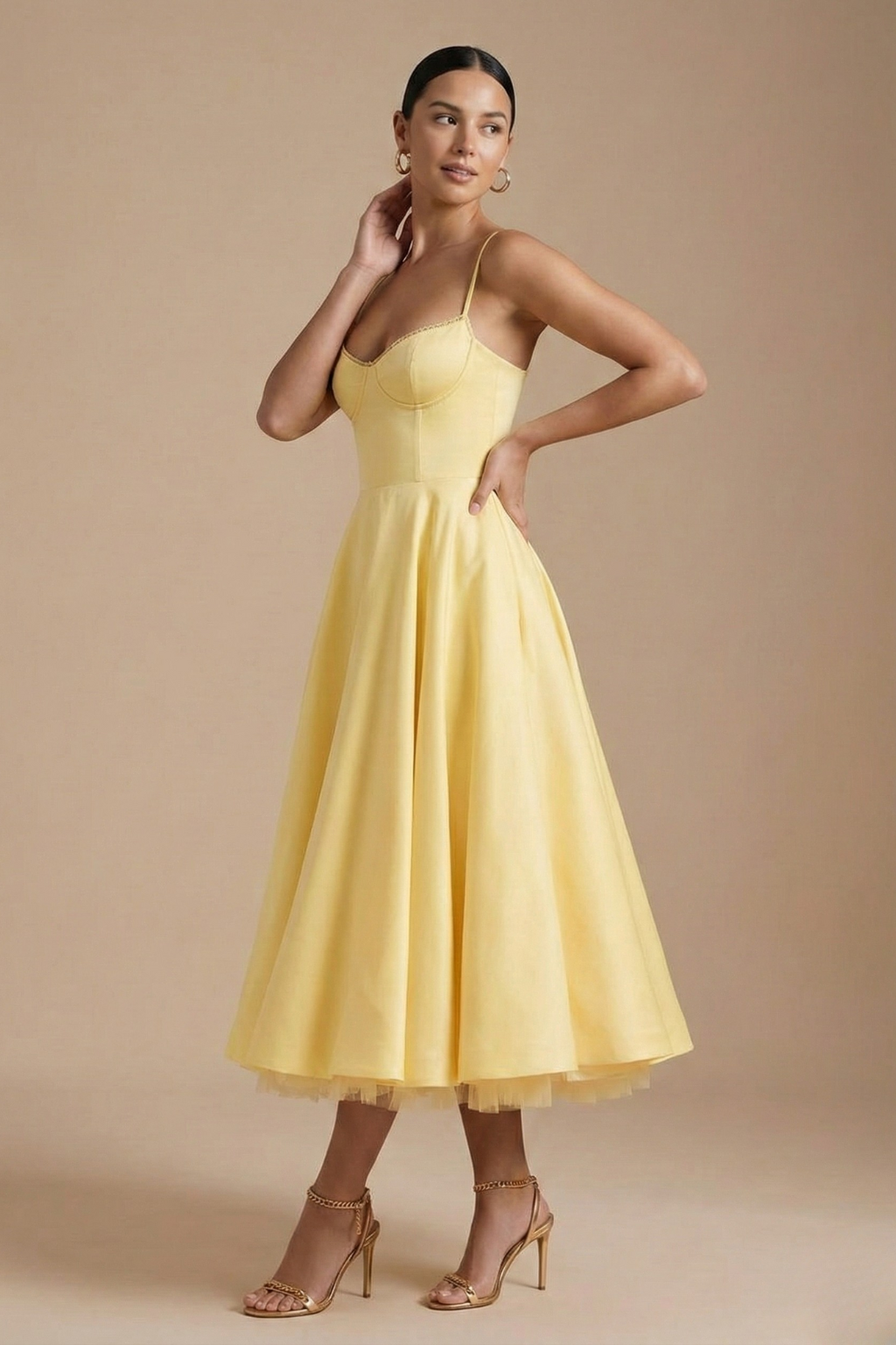 Women’s Elegant Midi Dress - Corset Style with Sleeveless Design and Flared Skirt