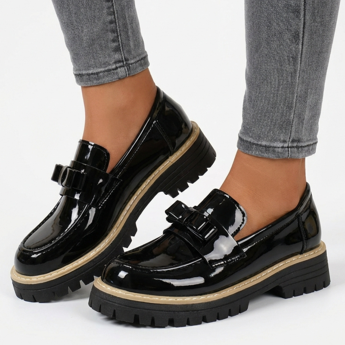 Tavelle | Classic Bow Detail Patent Platform Loafers