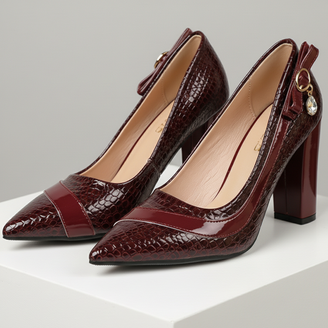 Venetia | Refined Croc-Effect Block Heel Court Shoes