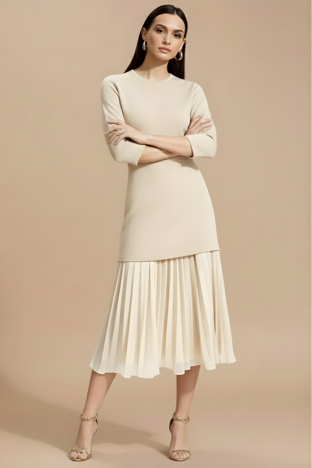 Women’s Pleated Midi Dress - 3/4 Sleeve Design with Refined Knit Silhouette