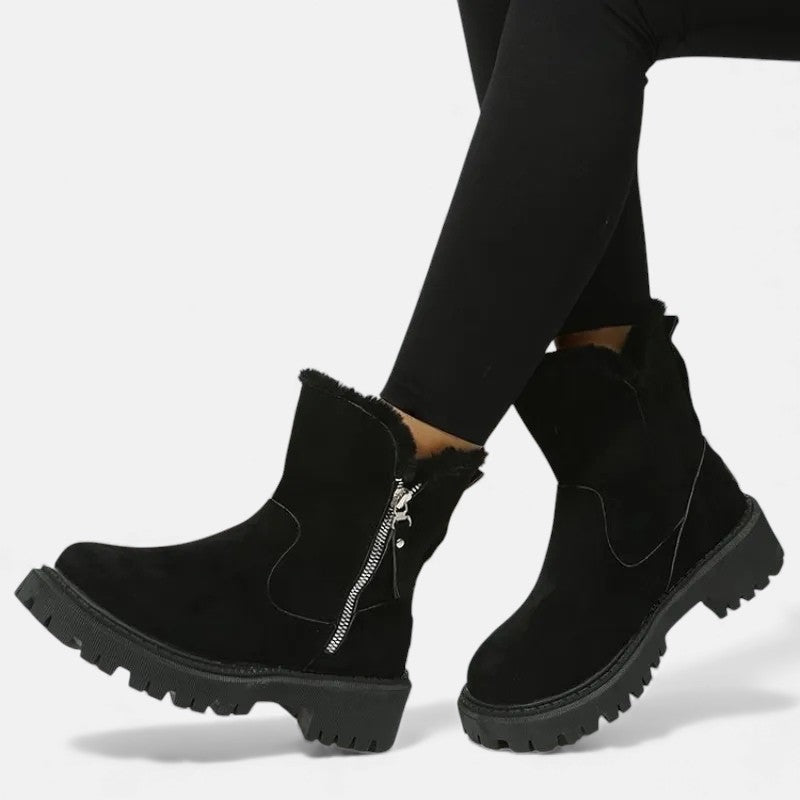 Women's Ankle Boots - Round Toe Side Zip Faux Fur Trim Lug Sole