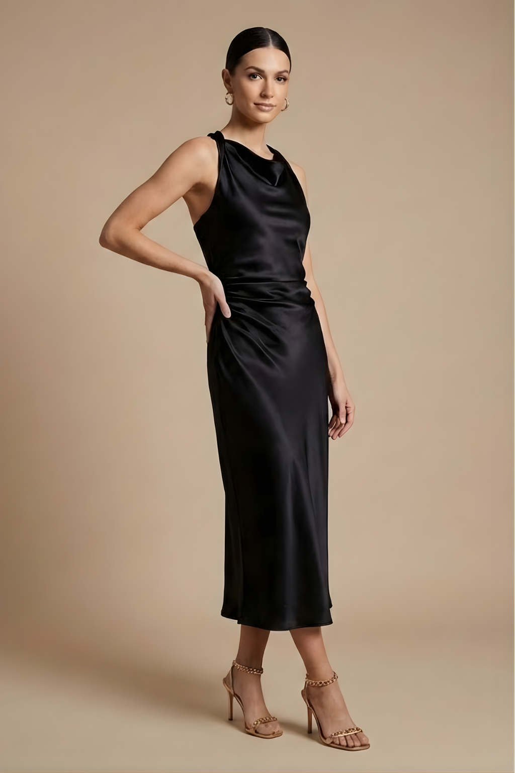 Women's Elegant Midi Dress - Sleeveless Design with Draped Neckline