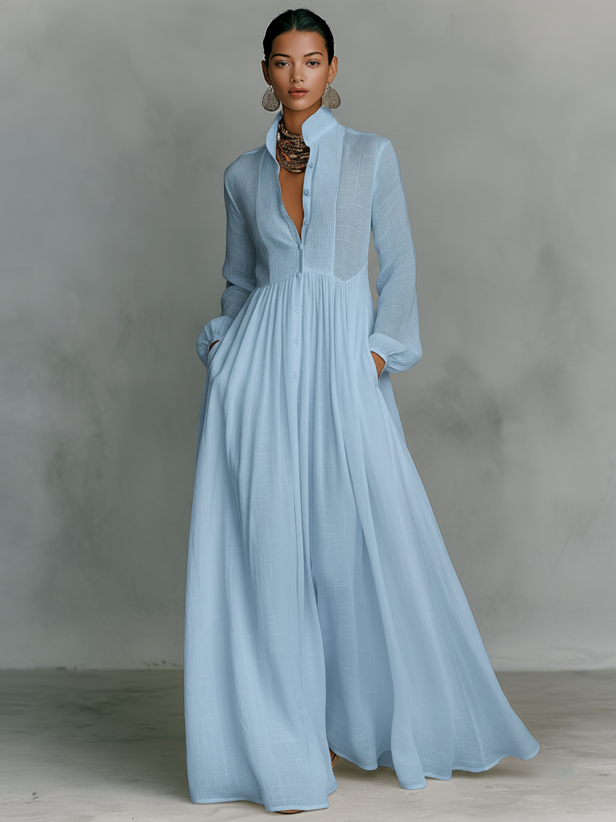 Celestia | Cotton Linen Maxi Dress Stand-Up Collar