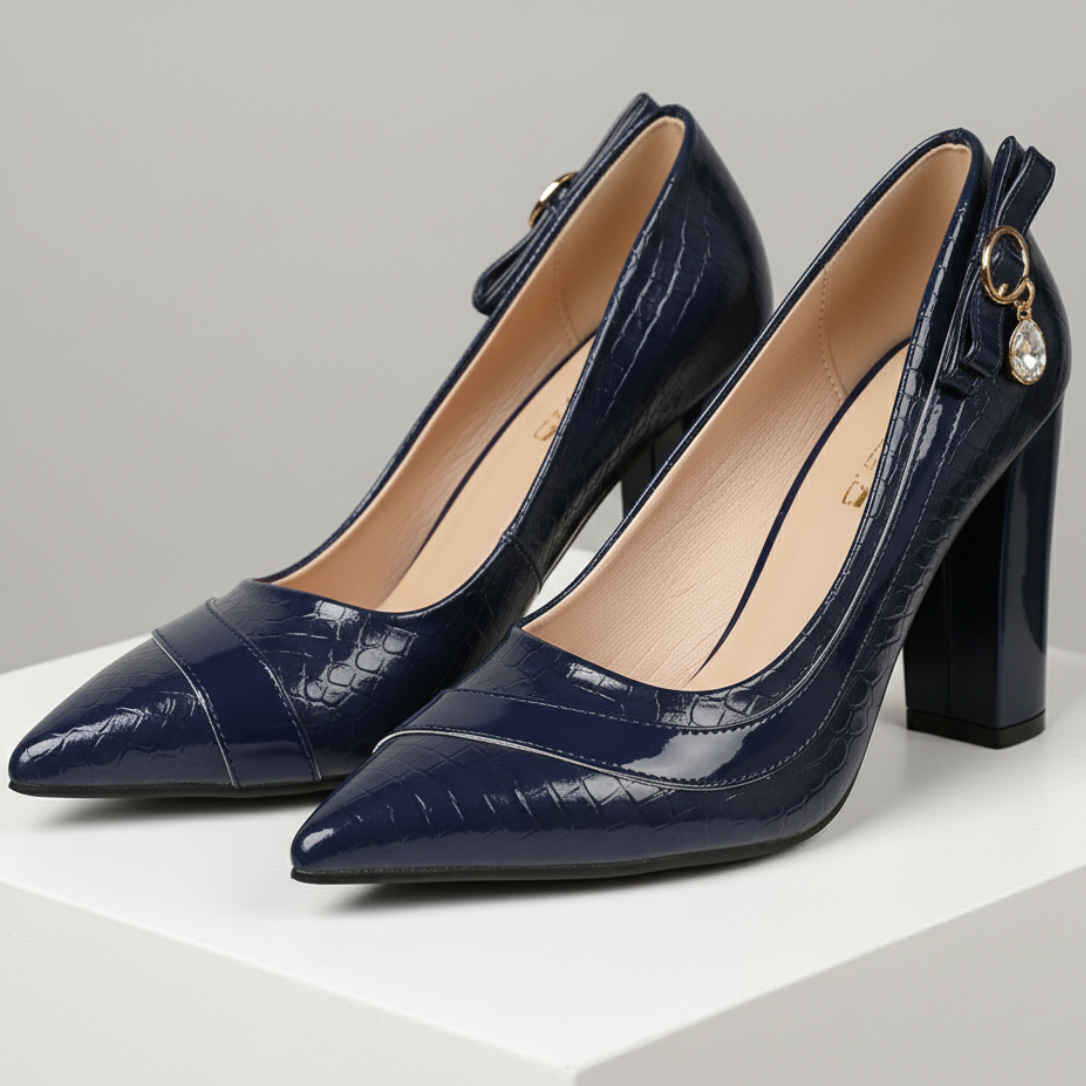 Venetia | Refined Croc-Effect Block Heel Court Shoes
