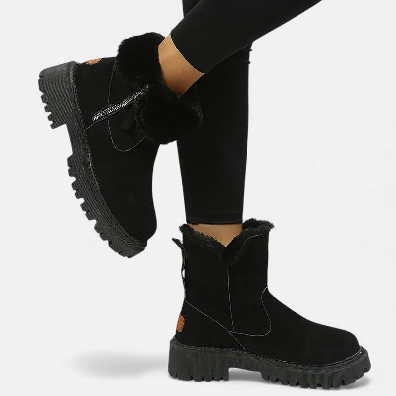 Women's Ankle Boots - Round Toe Side Zip Faux Fur Trim Lug Sole