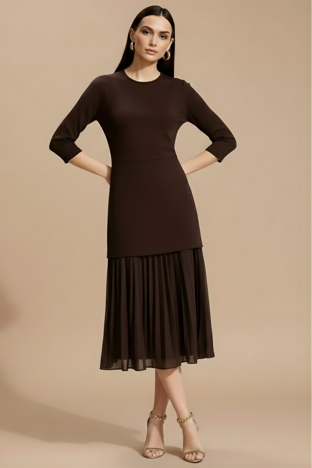 Women’s Pleated Midi Dress - 3/4 Sleeve Design with Refined Knit Silhouette