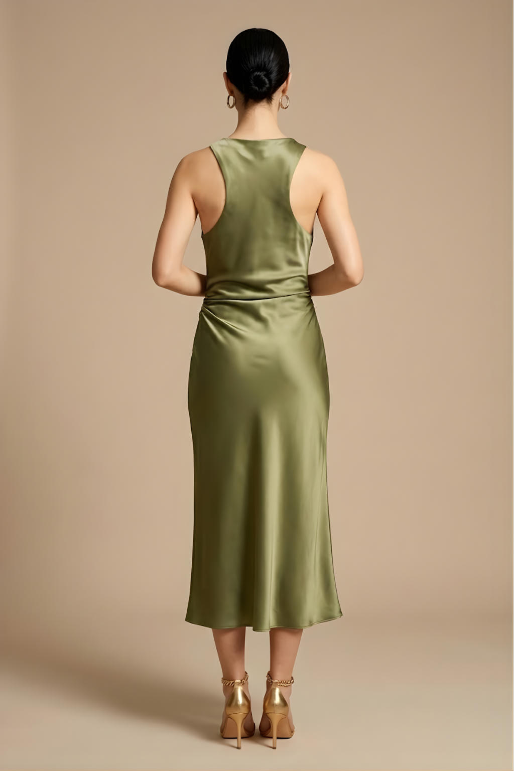 Women's Elegant Midi Dress - Sleeveless Design with Draped Neckline
