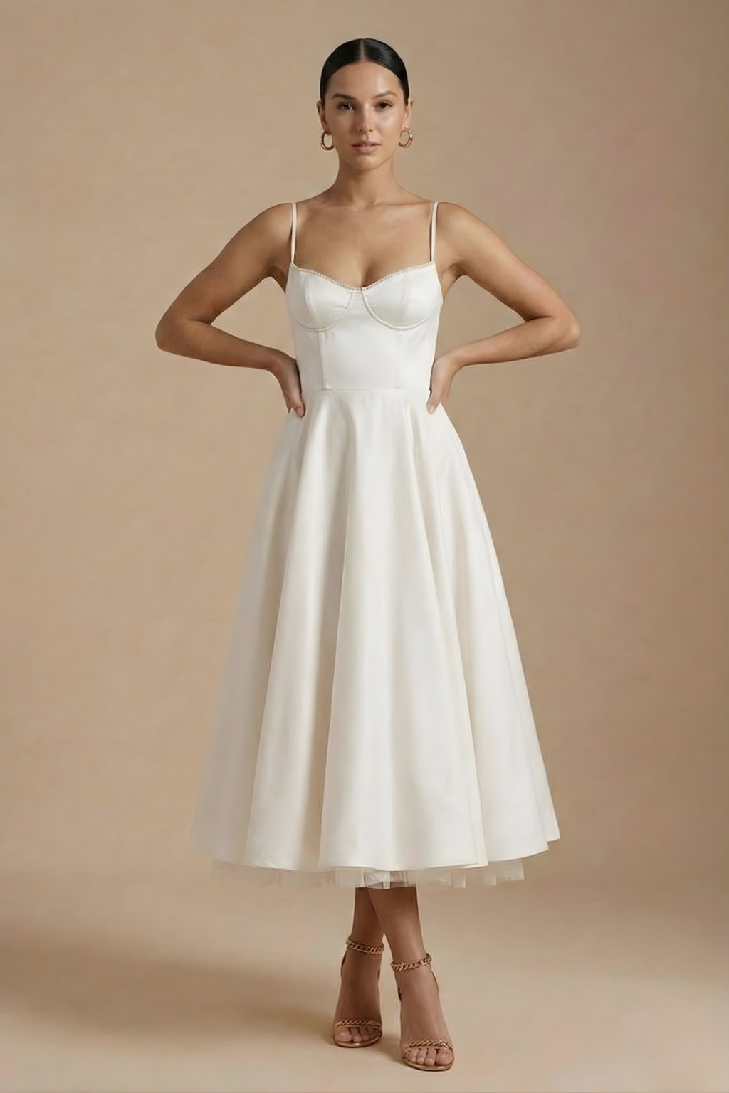 Women’s Elegant Midi Dress - Corset Style with Sleeveless Design and Flared Skirt