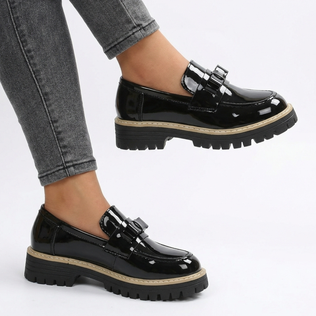 Tavelle | Classic Bow Detail Patent Platform Loafers
