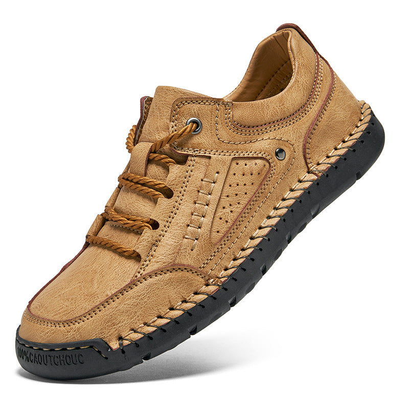 Men's Leather Lace-Up Shoes - Round Toe Rubber Sole