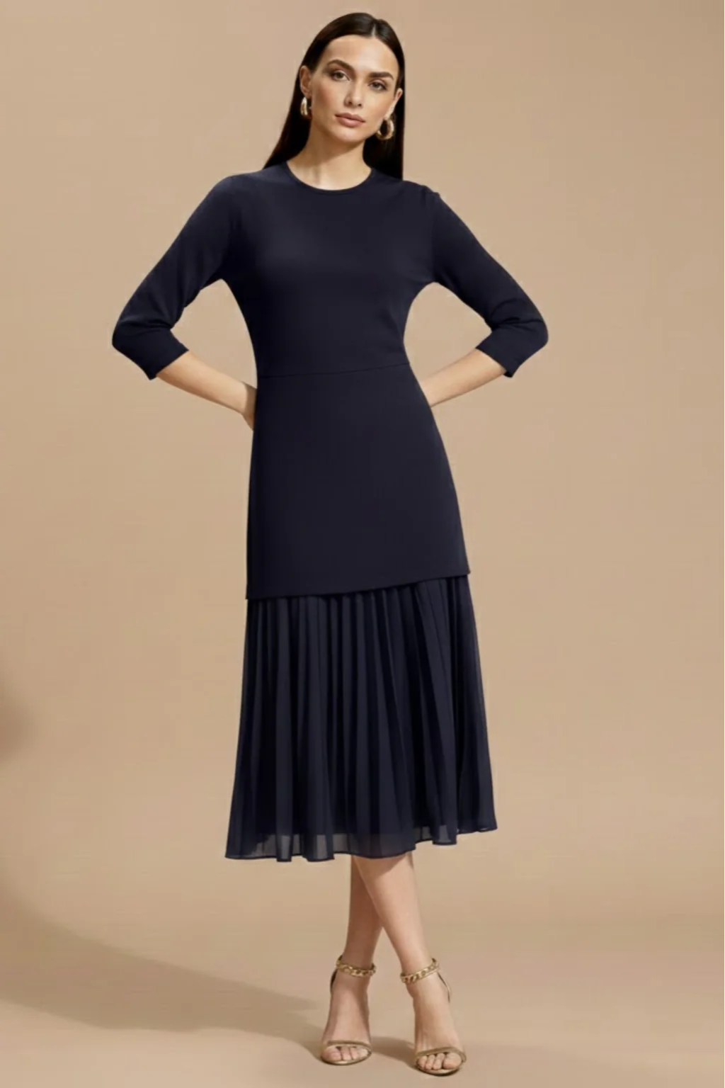 Women’s Pleated Midi Dress - 3/4 Sleeve Design with Refined Knit Silhouette