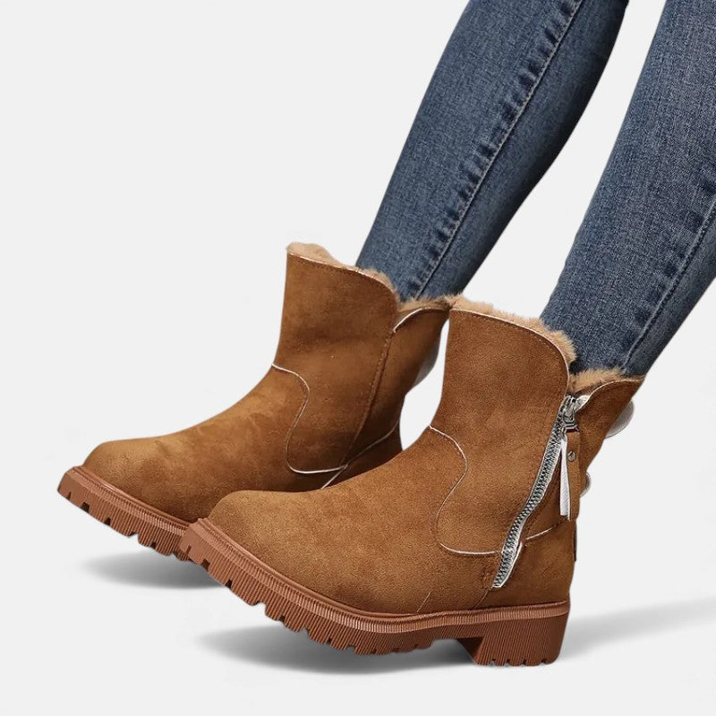 Women's Ankle Boots - Round Toe Side Zip Faux Fur Trim Lug Sole