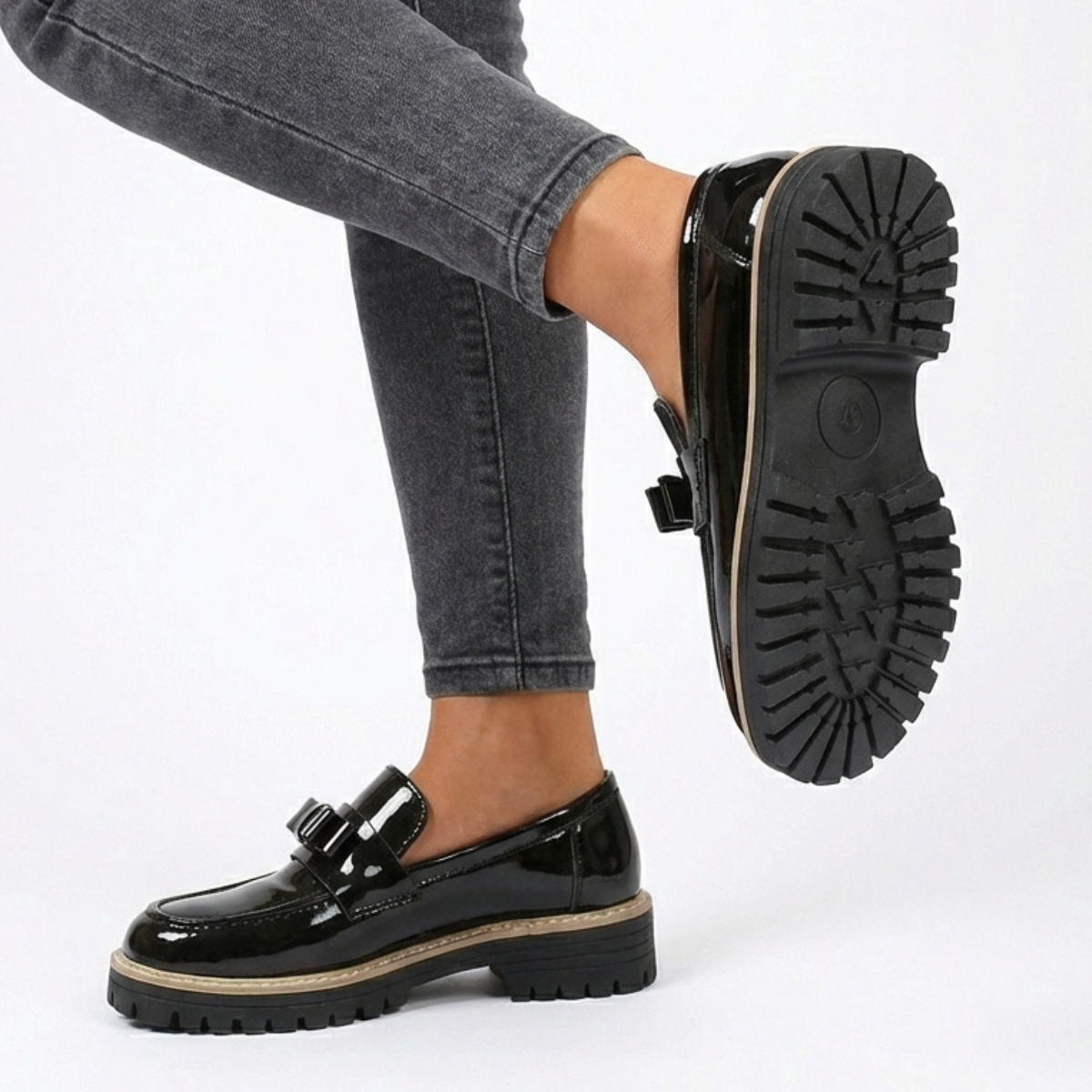Tavelle | Classic Bow Detail Patent Platform Loafers