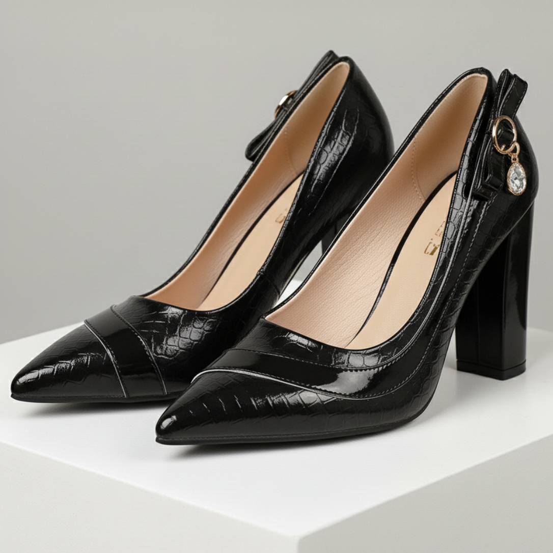 Venetia | Refined Croc-Effect Block Heel Court Shoes