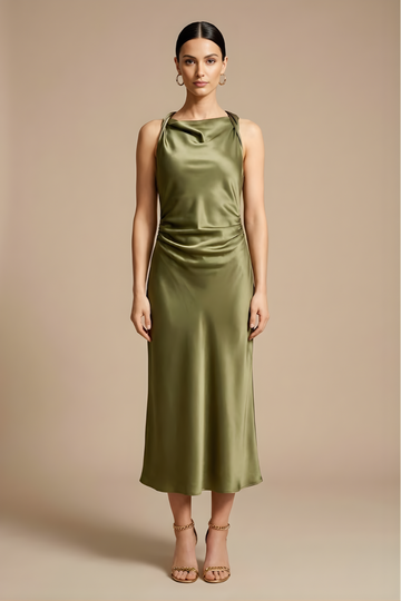 Women's Elegant Midi Dress - Sleeveless Design with Draped Neckline