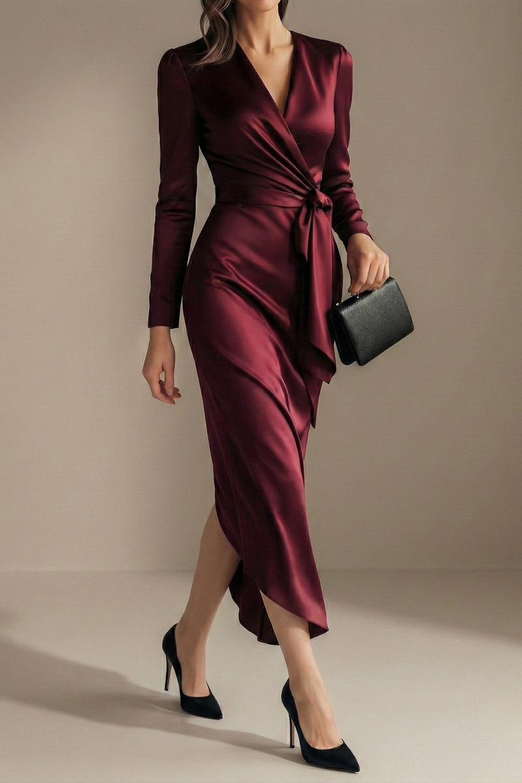 Women’s Elegant Midi Wrap Dress with Long Sleeves and Waist Tie Detail