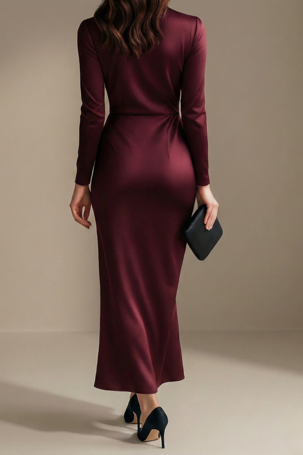 Women’s Elegant Midi Wrap Dress with Long Sleeves and Waist Tie Detail