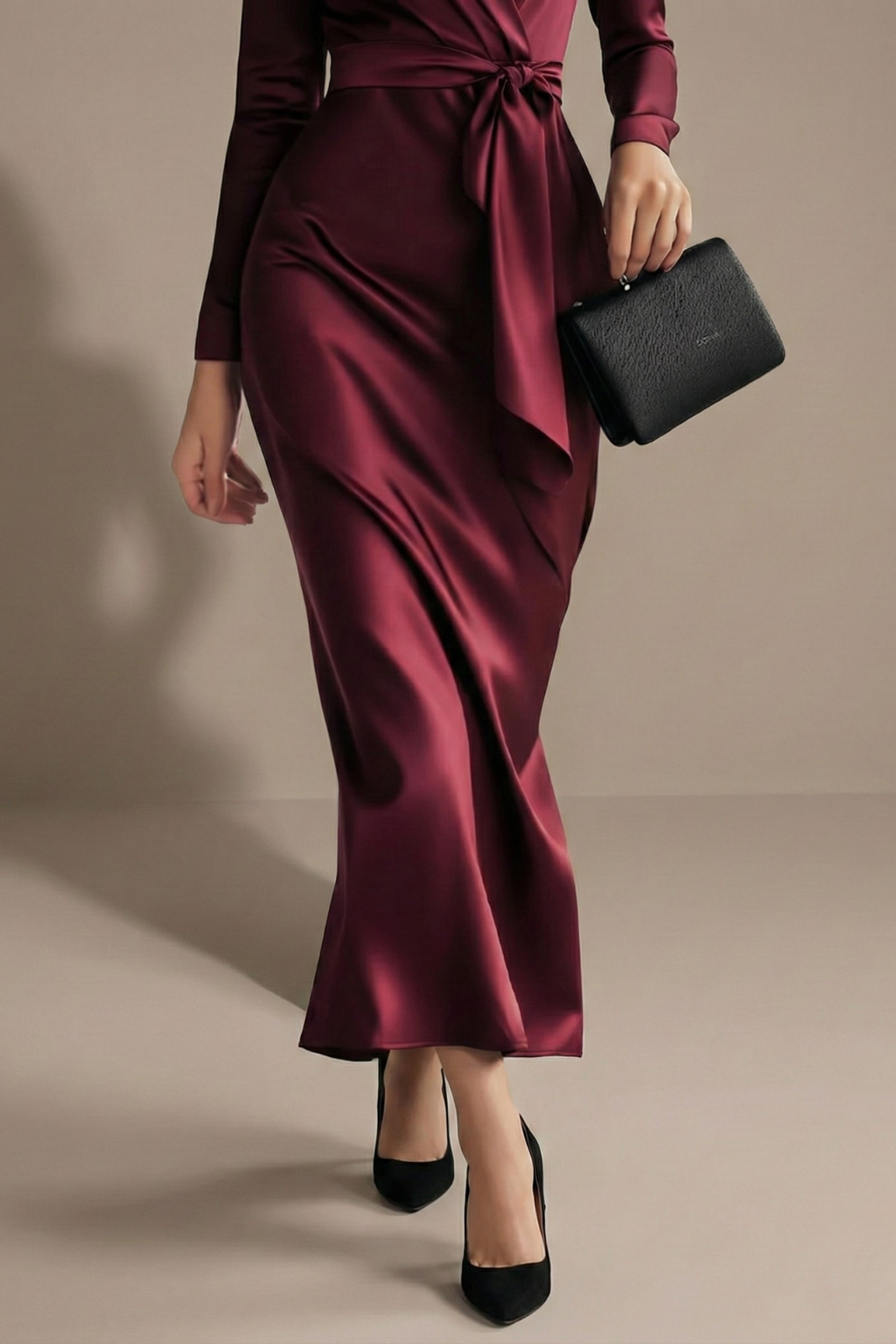 Women’s Elegant Midi Wrap Dress with Long Sleeves and Waist Tie Detail