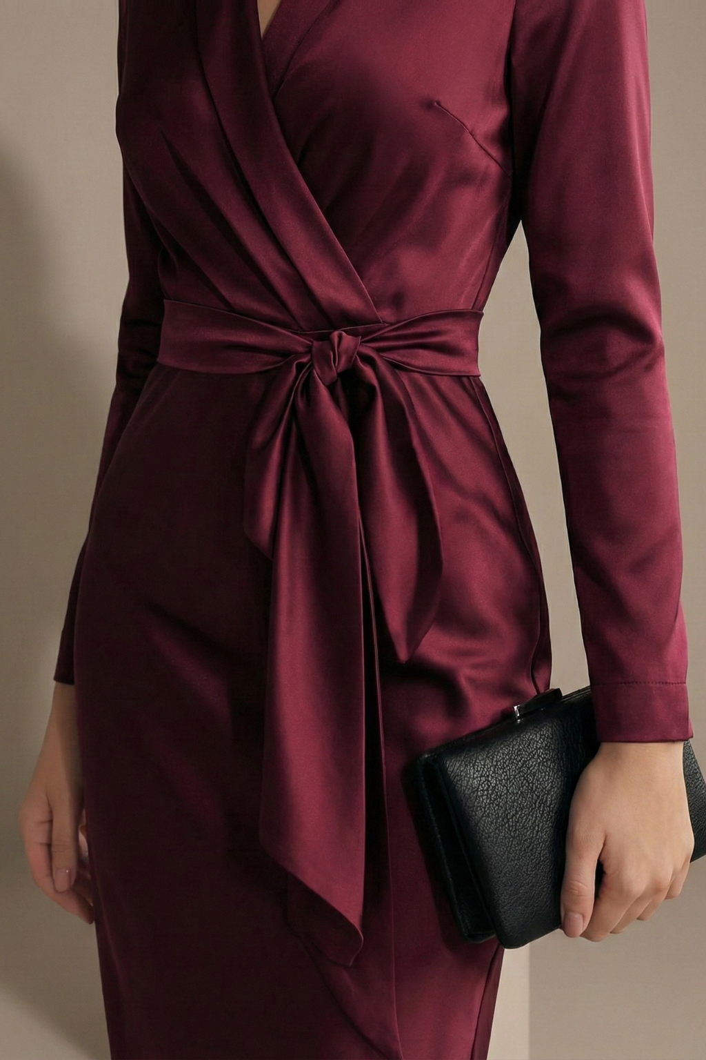 Women’s Elegant Midi Wrap Dress with Long Sleeves and Waist Tie Detail
