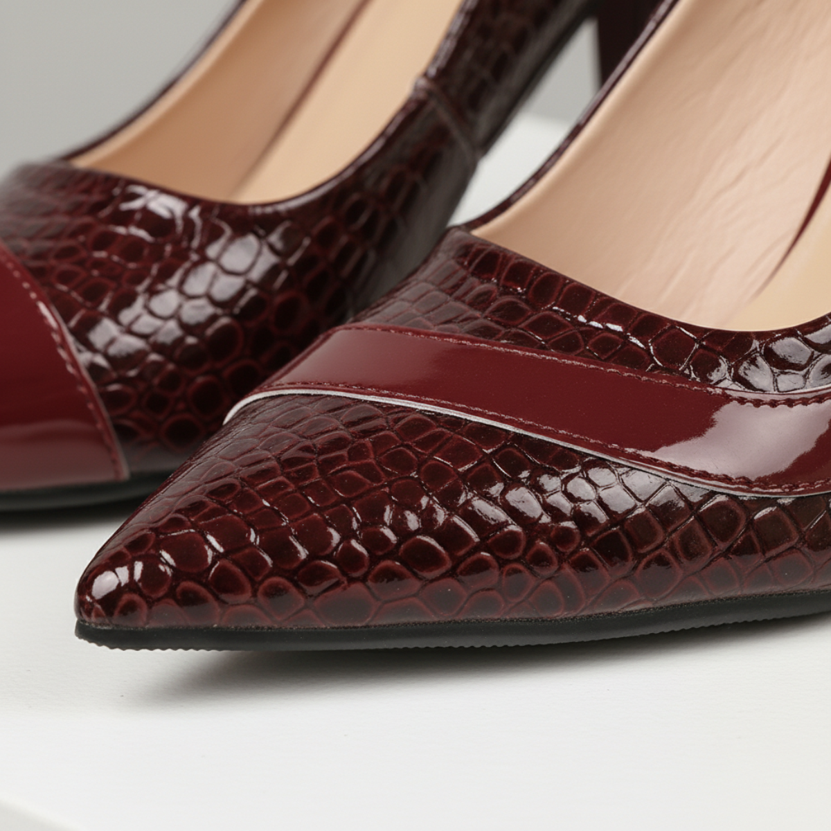 Venetia | Refined Croc-Effect Block Heel Court Shoes