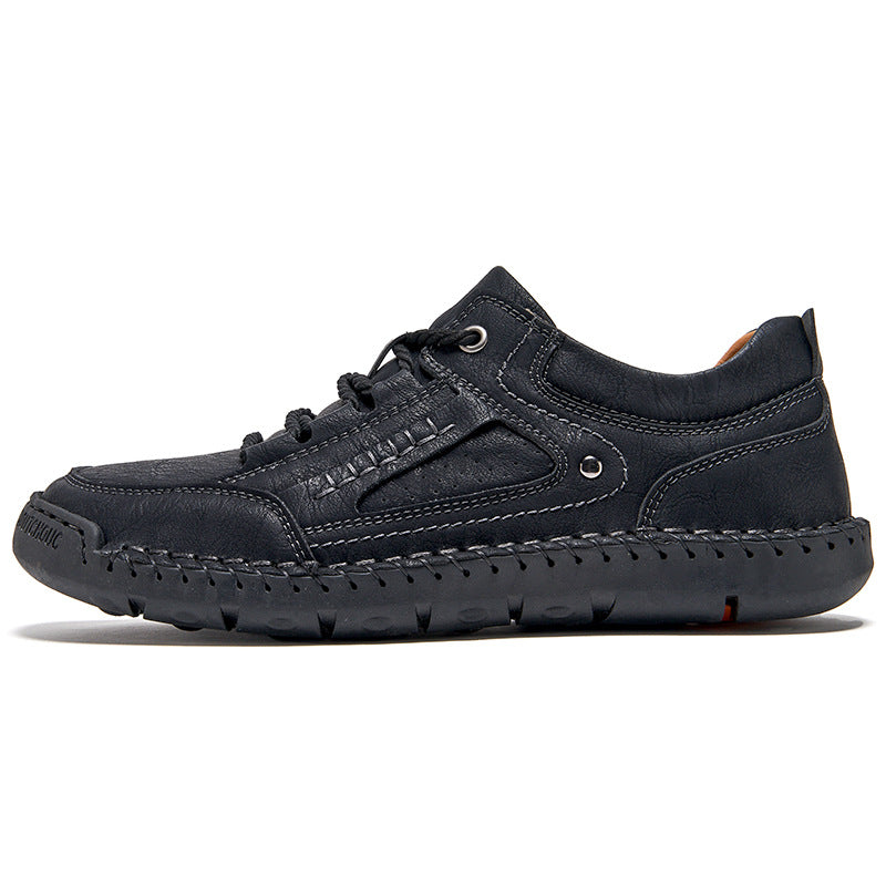 Men's Leather Lace-Up Shoes - Round Toe Rubber Sole