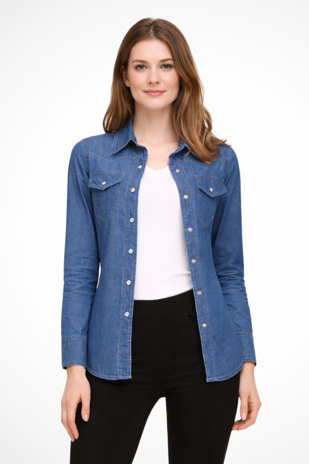 Women's Classic Long Sleeve Denim Shirt with Button Front Closure
