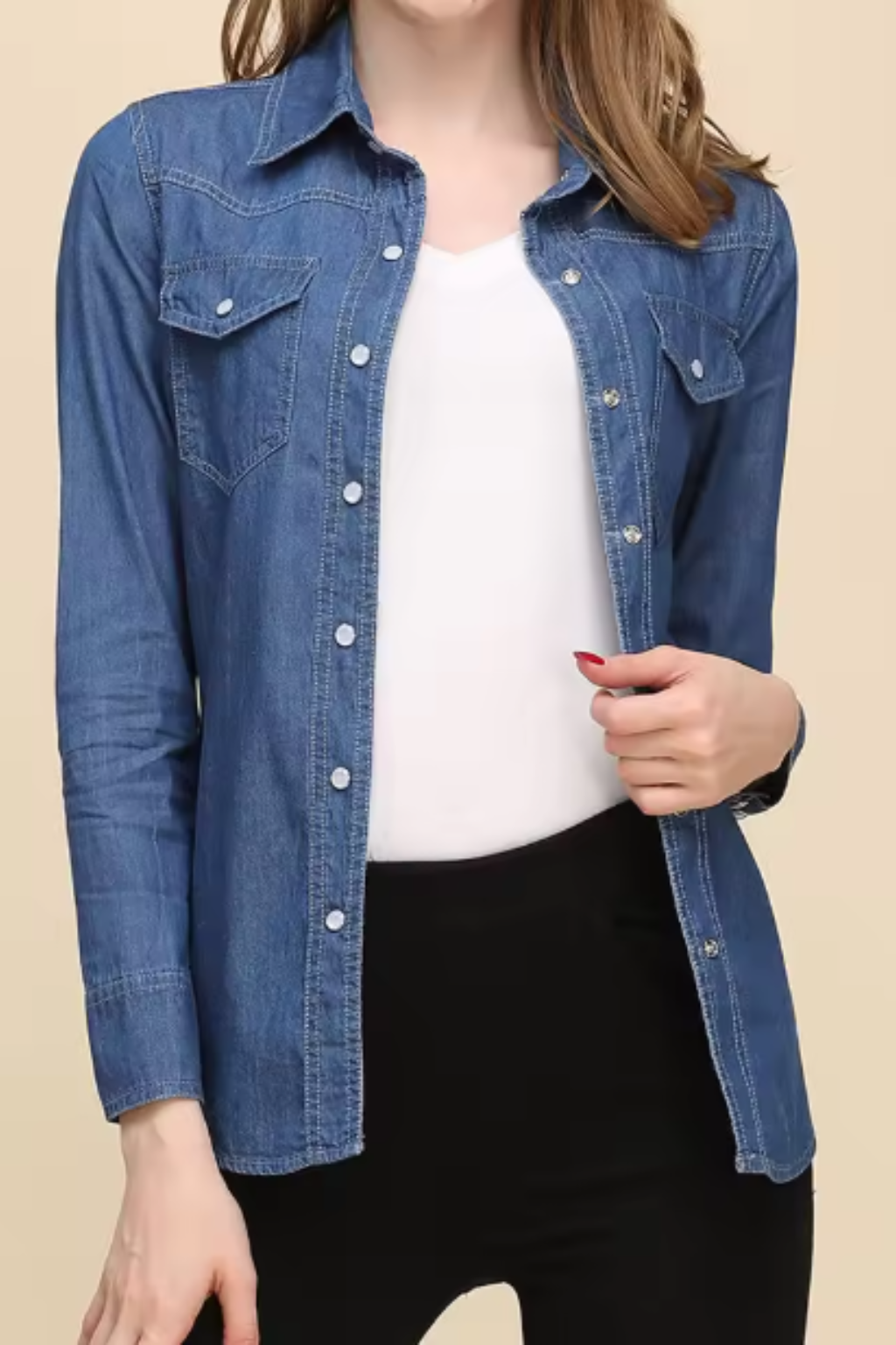 Women's Classic Long Sleeve Denim Shirt with Button Front Closure