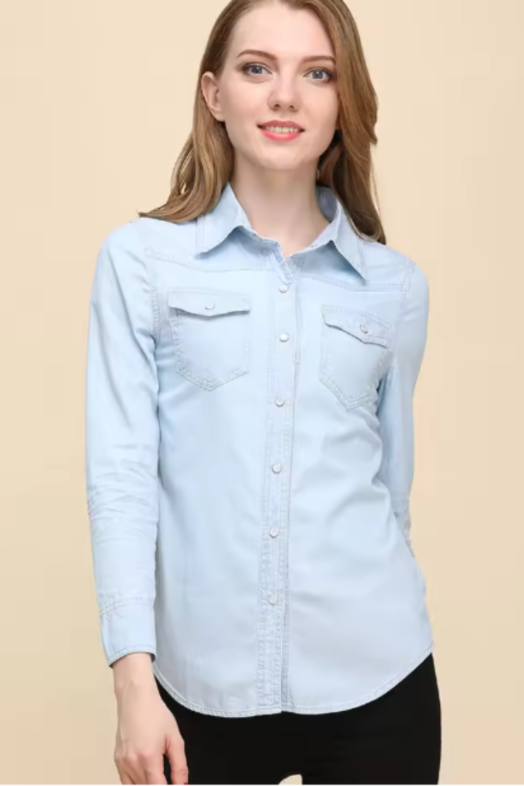 Women's Classic Long Sleeve Denim Shirt with Button Front Closure