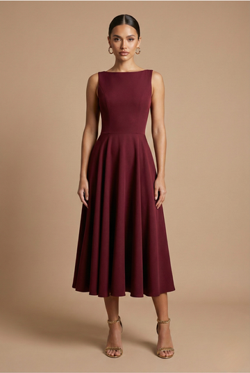 Women’s A-Line Midi Dress - Sleeveless Design with Round Neck and Defined Waist