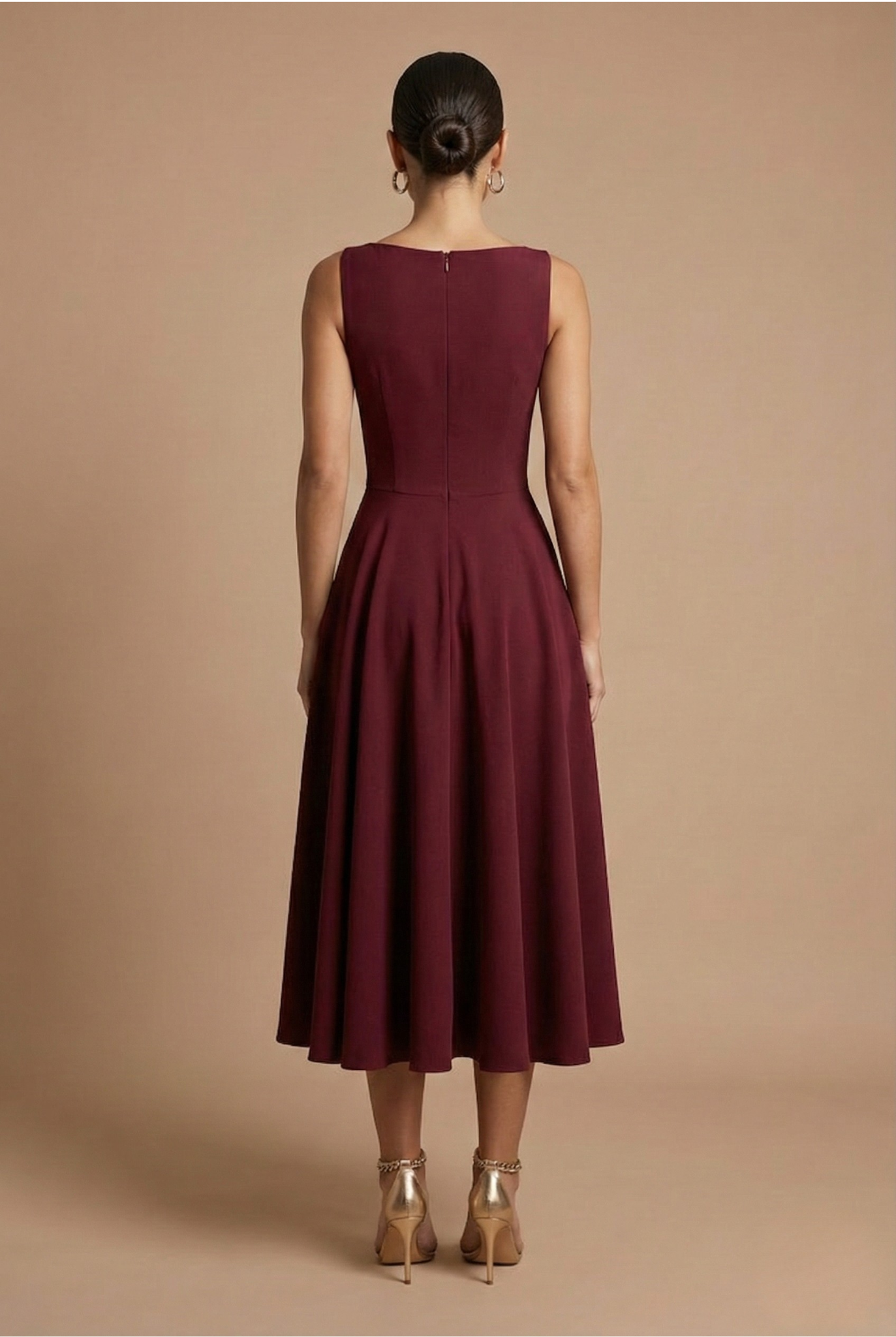 Women’s A-Line Midi Dress - Sleeveless Design with Round Neck and Defined Waist