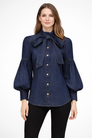 Orla | Romantic Denim Bow Puff Sleeve Shirt