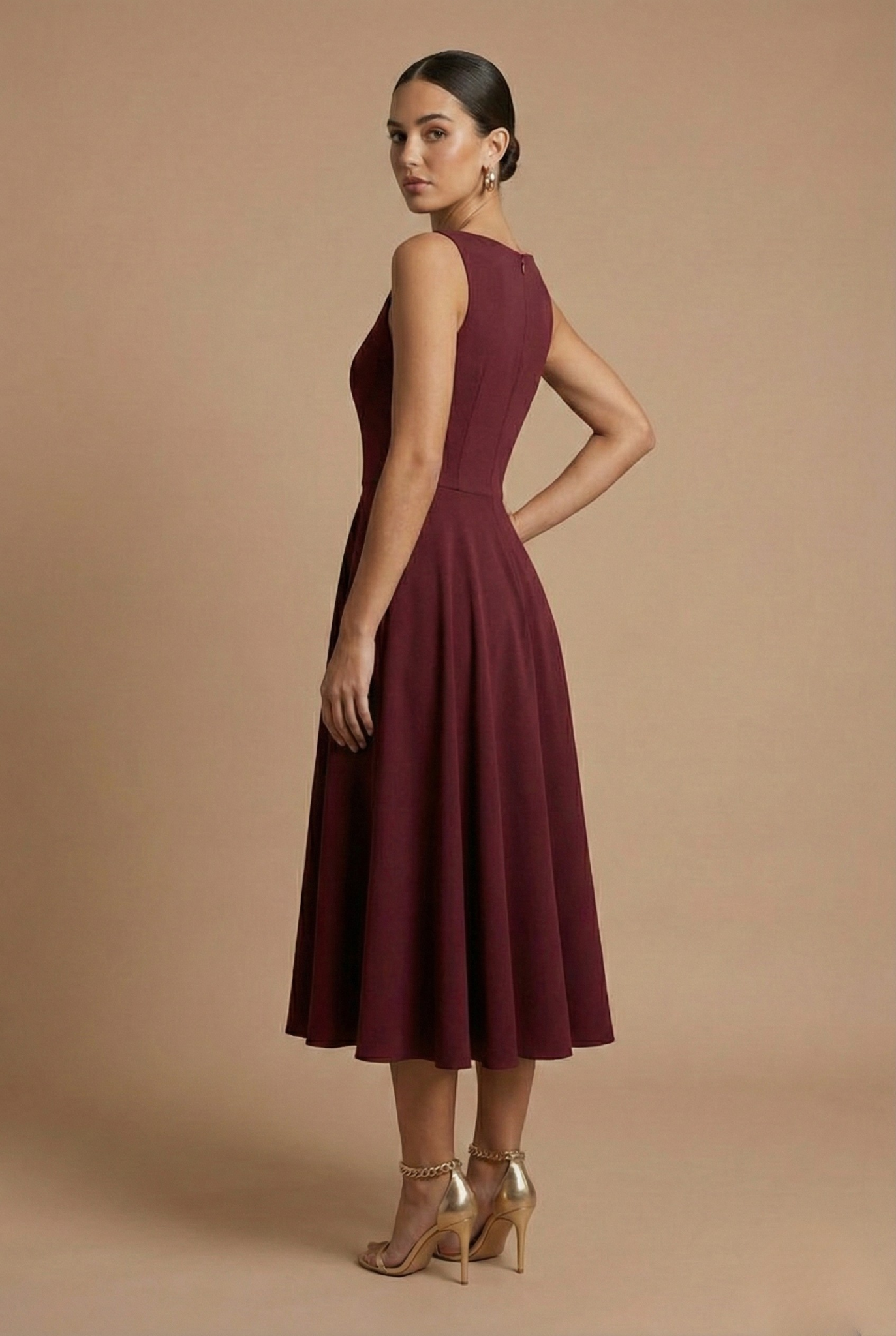 Women’s A-Line Midi Dress - Sleeveless Design with Round Neck and Defined Waist