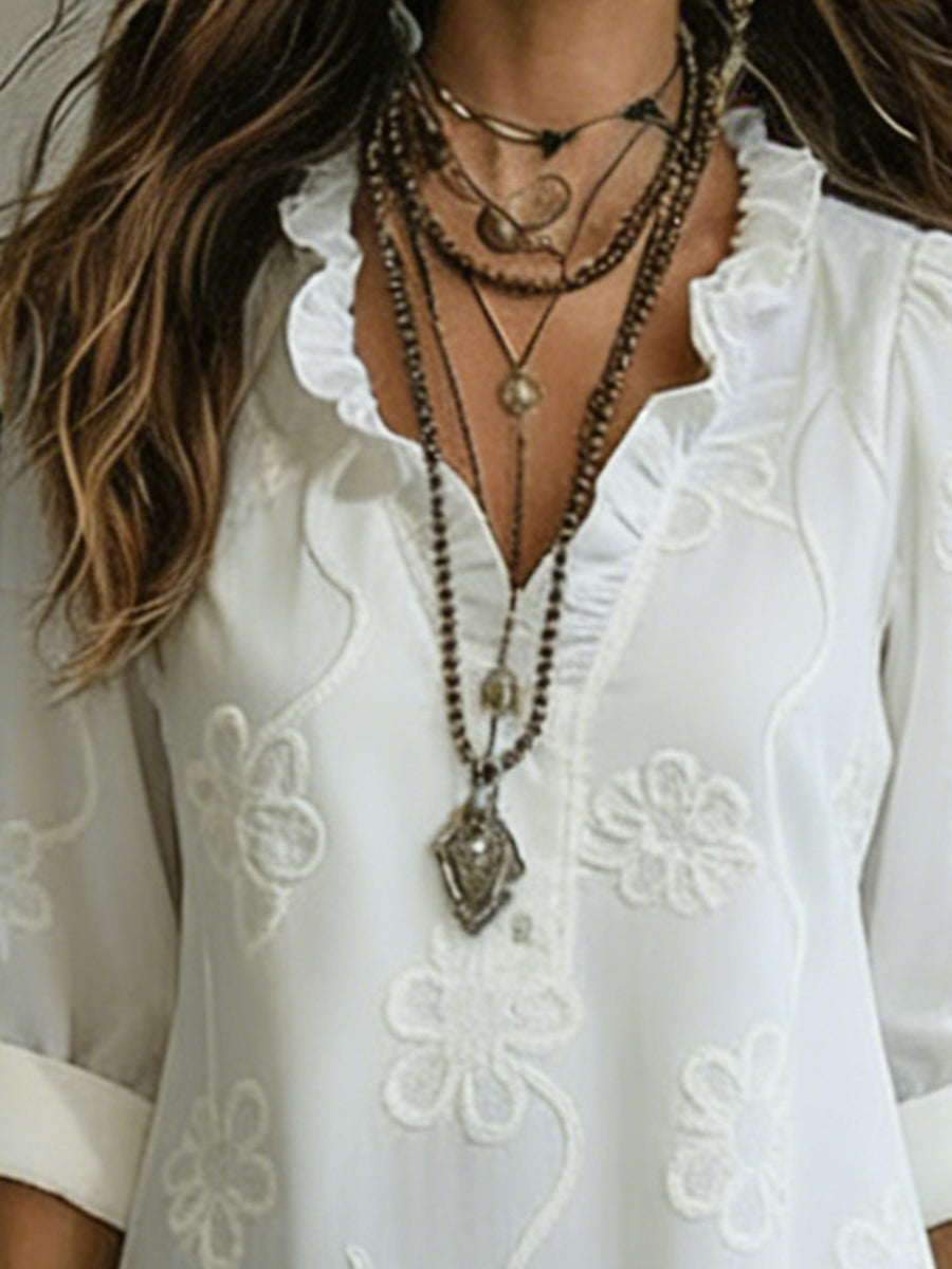 Cordelia | Elegant Embossed Floral Ruffle Collar Maxi Dress