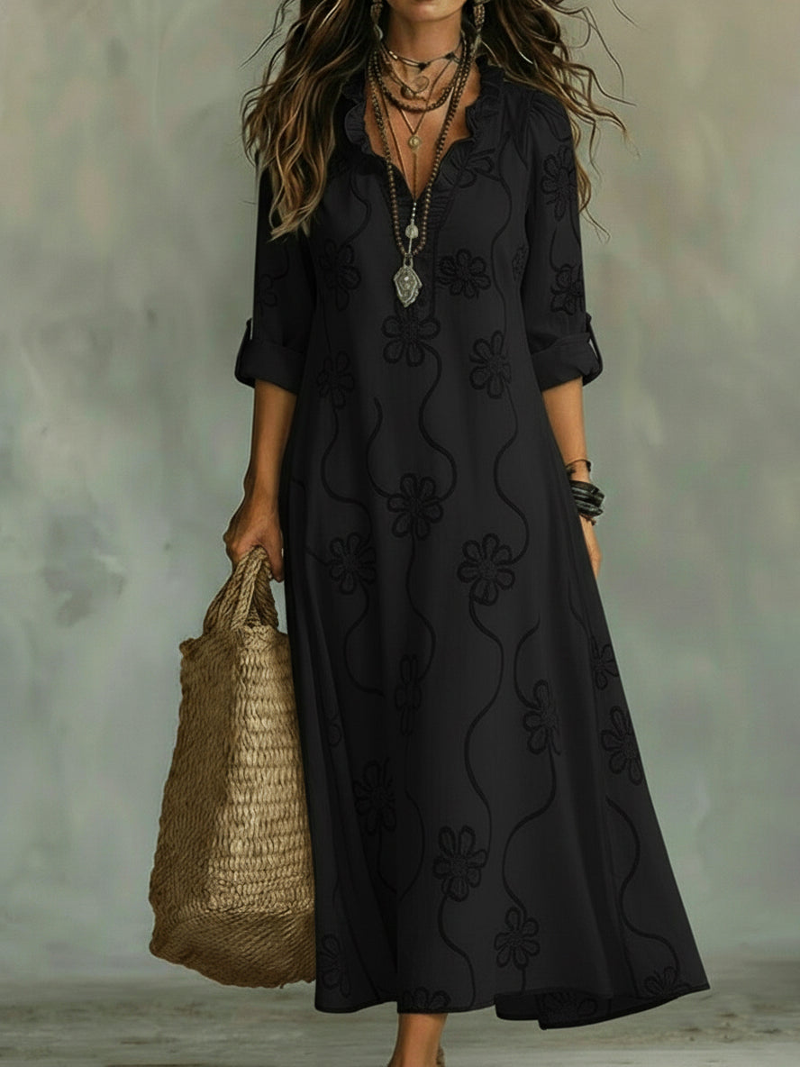 Cordelia | Elegant Embossed Floral Ruffle Collar Maxi Dress