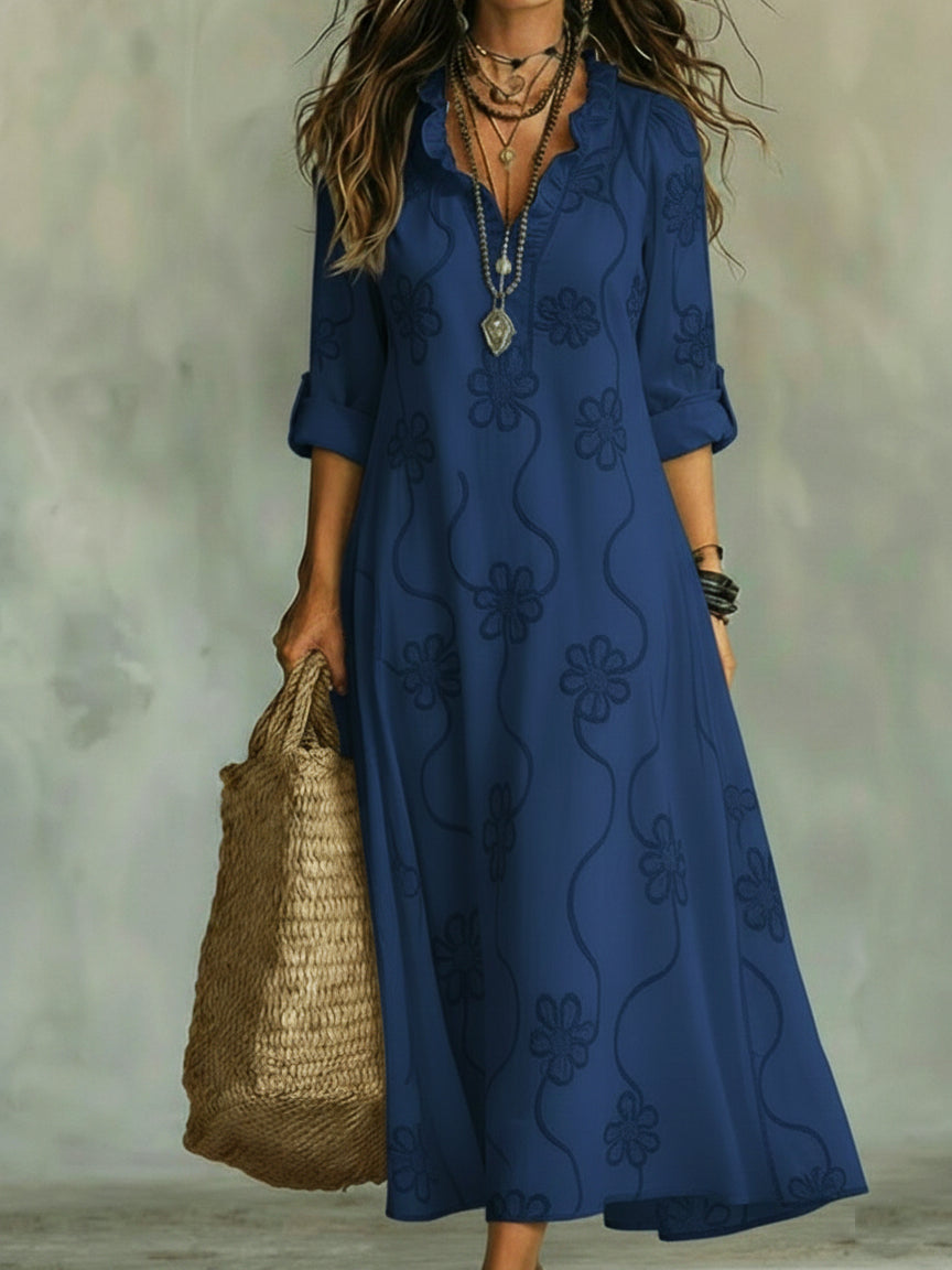 Cordelia | Elegant Embossed Floral Ruffle Collar Maxi Dress