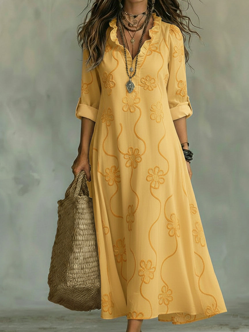 Cordelia | Elegant Embossed Floral Ruffle Collar Maxi Dress