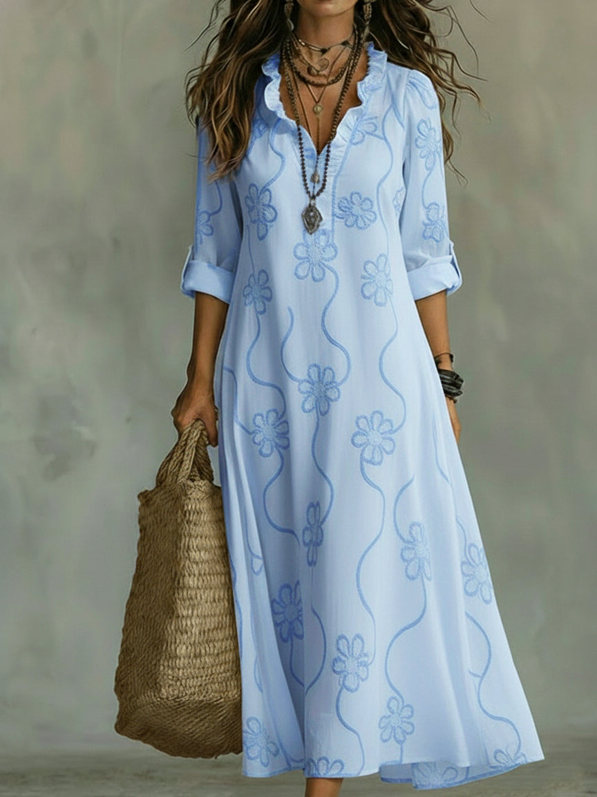 Cordelia | Elegant Embossed Floral Ruffle Collar Maxi Dress