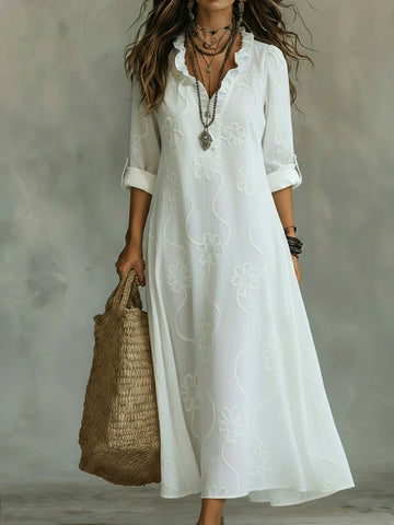 Cordelia | Elegant Embossed Floral Ruffle Collar Maxi Dress